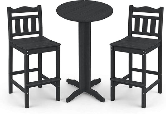 3-Piece Outdoor Bar Set, HDPE Adirondack Bar Height Chairs Set of 2 and Round Bar Table, All Weather Patio Bistro Set for Balcony, Poolside, Backyard (Black)