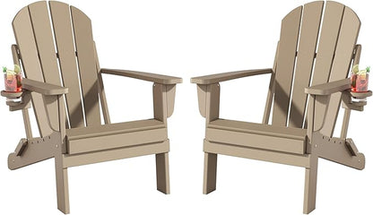 Folding Adirondack Chairs Set of 2, All-Weather Resistant HDPE Patio Firepit Chairs, Sturdy Outside Chairs with Cup Holder, Lawn Chairs, 80% Pre-installed Load Capacity 385lb, Weathered Wood