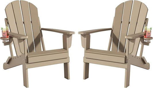 Folding Adirondack Chairs Set of 2, All-Weather Resistant HDPE Patio Firepit Chairs, Sturdy Outside Chairs with Cup Holder, Lawn Chairs, 80% Pre-installed Load Capacity 385lb, Weathered Wood