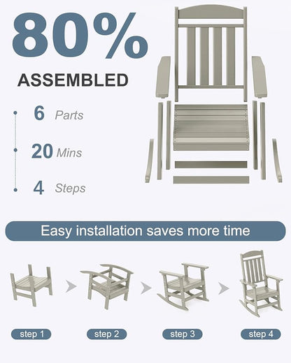Outdoor Rocking Chairs Set of 4, Oversized High Back Patio Rocking Chairs, All Weather Porch Rocking Chairs for Outside. Sand