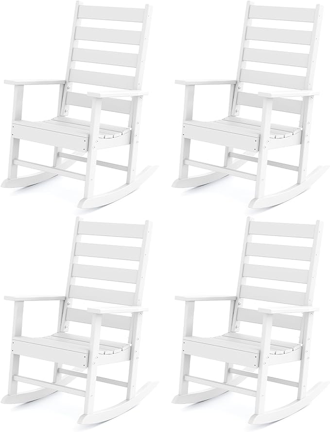 GREENVINES Outdoor-Rocking-Chairs-Set-of-4 | HDPE Plastic | Patio Rockers | Porch Rocker Chair | Shaker | Oversized | High Ladder Back | Big & Tall | PentaLuxe | White