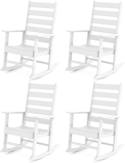 GREENVINES Outdoor-Rocking-Chairs-Set-of-4 | HDPE Plastic | Patio Rockers | Porch Rocker Chair | Shaker | Oversized | High Ladder Back | Big & Tall | PentaLuxe | White