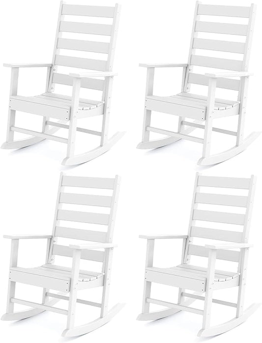GREENVINES Outdoor-Rocking-Chairs-Set-of-4 | HDPE Plastic | Patio Rockers | Porch Rocker Chair | Shaker | Oversized | High Ladder Back | Big & Tall | PentaLuxe | White
