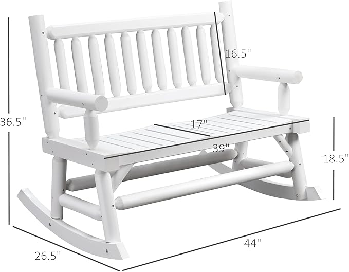 Outsunny 2-Person Wood Rocking Chair with Log Design, Heavy Duty Loveseat with Wide Curved Seats for Patio, Backyard, Garden, White