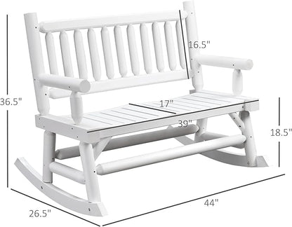 Outsunny 2-Person Wood Rocking Chair with Log Design, Heavy Duty Loveseat with Wide Curved Seats for Patio, Backyard, Garden, White
