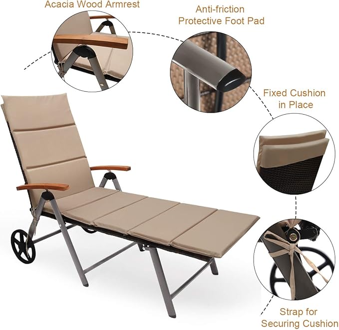 Tangkula Wicker Chaise Folding Back Adjustable Aluminum Rattan Lounger Recliner Chair W/Wheels (Mix Brown) - Photo 9