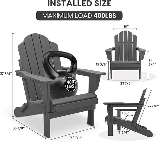 Folding Adirondack Chair, Outdoor Patio Chair Lawn Chair,Weather Resistant for Patio Deck Garden, Backyard, Bonfire& Lawn Furniture Lawn Seating（Grey）