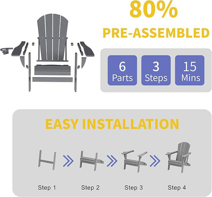 Kingdura Folding Adirondack Chairs Set of 4, Portable HDPE Outdoor Patio Chair with Wooden Textured & Cup Holder, Weather Resistant, 380LBS Capacity for Pool, Backyard, Balcony, Fire Pit (Grey)