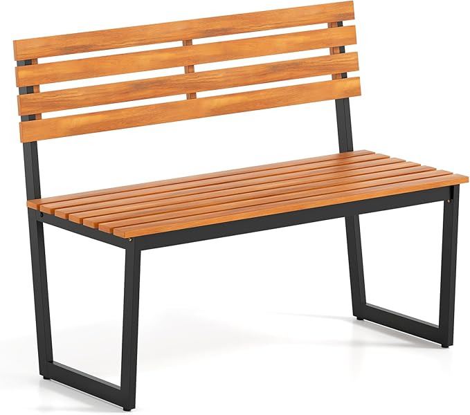 Tangkula 43" Outdoor Wood Bench, 2-Person Acacia Wood Bench with Heavy-Duty Metal Frame, Slatted Seat & Inclined Backrest, 800 lbs Weight Capacity, Patio Bench for Porch, Yard, Balcony, Lawn