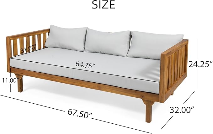 Merax Outdoor 3 Seater Daybed, Acacia Wood Day Bed Couch Sofa with Cushions for Patio Backyard, Garden, Light Grey