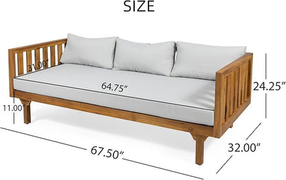 Merax Outdoor 3 Seater Daybed, Acacia Wood Day Bed Couch Sofa with Cushions for Patio Backyard, Garden, Light Grey