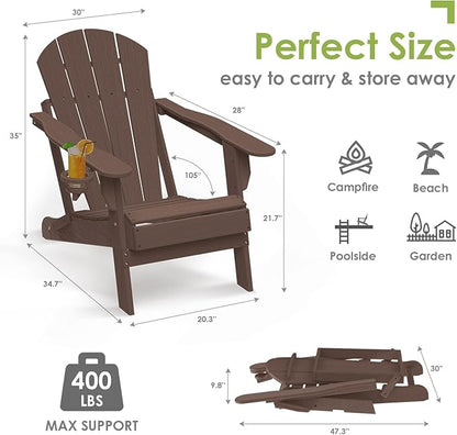 GREENVINES Folding-Adirondack-Chair | Wood Grain | HDPE Plastic | Fire Pit Chairs | All Weather | Cup Holder | Dark Brown | for Deck Backyard Patio Outdoor