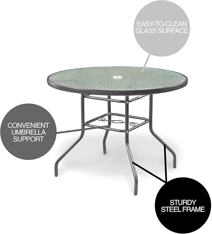 Garden Elements Outdoor Patio Furniture, Round Dining Table, Steel Base and Rim with Water-Wave Glass Top, Grey, 40" - Photo 4