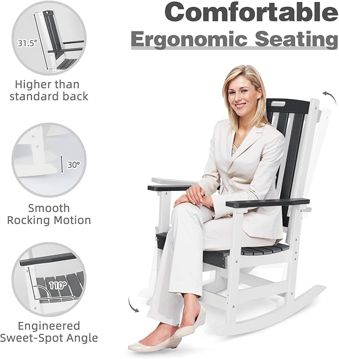 Aoodor Outdoor Rocking Chair, Ergonomic HDPE Rockers with All-Weather Design for Patio or Porch, Clashing Colors, Dark Gray and Whitev,Set of 4
