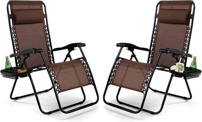 Tangkula Set of 2 Zero Gravity Chair, Folding Patio Lounge Chair Adjustable Outdoor Recliner with Cup Holder - Photo 1