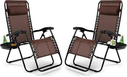 Tangkula Set of 2 Zero Gravity Chair, Folding Patio Lounge Chair Adjustable Outdoor Recliner with Cup Holder, Wide Armrest for Patio Garden Poolside Outdoor Yard Beach, Support 350 lbs (2, Brown)