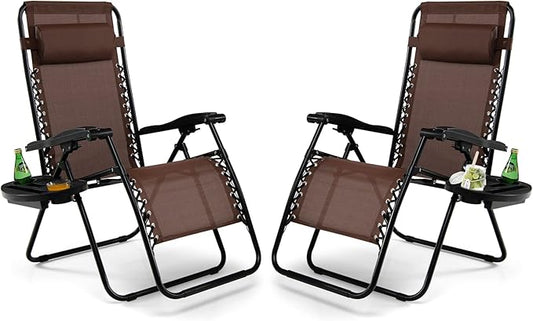 Tangkula Set of 2 Zero Gravity Chair, Folding Patio Lounge Chair Adjustable Outdoor Recliner with Cup Holder, Wide Armrest for Patio Garden Poolside Outdoor Yard Beach, Support 350 lbs (2, Brown)