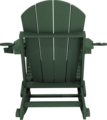 KINGYES Adirondack Rocking Chair Set of 4 with Retractable Ottoman and Cup Holders, HDPE Adirondack Rocker Patio Rocking Chair for Porch, Patio, Balcony, Dark Green