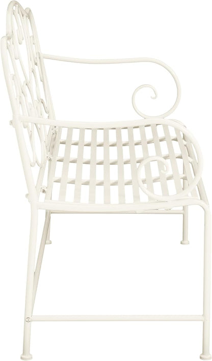 Outdoor Garden Bench, Sturdy Iron 2-Seater with Decorative Backrest, Weather-Resistant Metal Loveseat for Patio, Porch, Lawn, Romantic Green Finish, Ventilated Seat, Easy Maintenance, Matte White