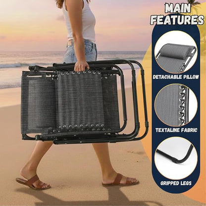 EZONE Zero Gravity Lounge Chairs Outdoor Adjustable Reclining Patio Chair Steel Mesh Folding Recliner for Pool Beach Camping Lounge Chair with Pillows and Cup Tray (2, Grey)