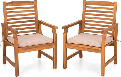 PHI VILLA 2 Pieces Acacia Wood Outdoor Dining Chairs with Cushions, Patio Oil Finished Wooden Armchairs Set of 2, Natural Teak Dining Chairs for Deck, Yard, Porch
