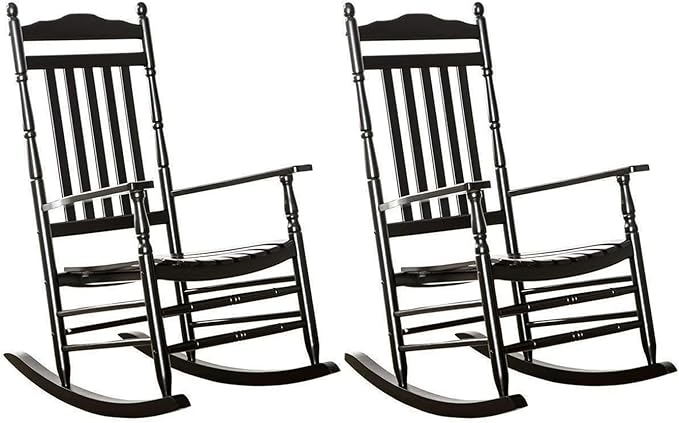 Outdoor Patio Rocking Chairs Set of 2 Porch Wooden Comfy Rockers for Adult Furniture Indoor Outside Camping Balcony Garden Backyard Lawn and Bistro, Black