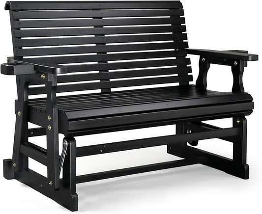 VINGLI Outdoor Glider Wood Patio Chair with Cup Holders, Outdoor Bench Glider Loveseat with Smooth Rocking Mechanism, Heavy Duty 800 LBS, Black