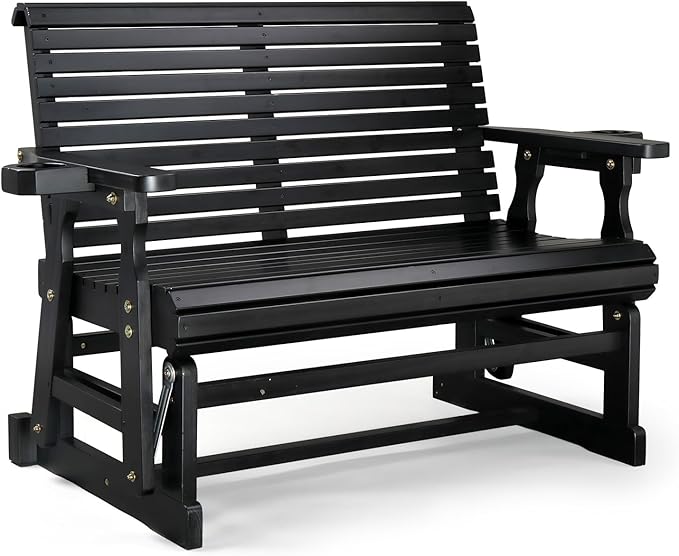 VINGLI Wooden Patio Glider, Heavy Duty 800 LBS Outdoor Glider with Cup Holders, 4 FT Wooden Glider Bench with High Backrest for Garden, Yard, Patio, Black