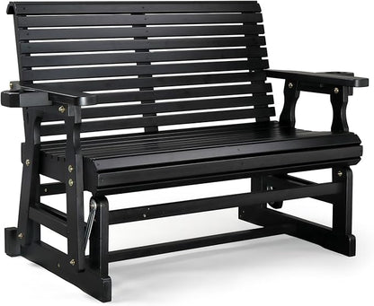 VINGLI Wooden Patio Glider, Heavy Duty 800 LBS Outdoor Glider with Cup Holders, 4 FT Wooden Glider Bench with High Backrest for Garden, Yard, Patio, Black