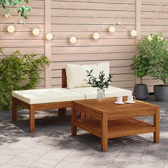 3 Piece Stacking Garden Lounge Set, Cream White Acacia Wood Outdoor Sectional Sofa with Oiled Finish - Photo 2