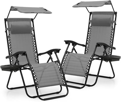 Athena Collection Patio Chairs Set of 2 Reclining Lounge Chair with Cup Holder and Pillow Fabric Camping Chairs with Canopy Foldable Beach Chairs for Garden, Park, Deck, Yard, Poolside, Grey