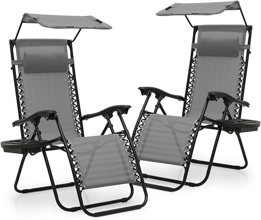 Athena Collection Patio Chairs Set of 2 Reclining Lounge Chair with Cup Holder and Pillow Fabric Camping Chairs with Canopy Foldable Beach Chairs for Garden, Park, Deck, Yard, Poolside, Grey