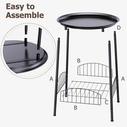 2 PCS Small Outdoor Side Table, 2-Tier Round Metal Patio Table, Accent Table Waterproof, Weather Resistant End Table for Yard Porch Pool Balcony Garden Bedside