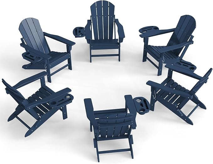FOOWIN Folding Adirondack Chair Set of 6, HDPE Adirondack Chairs with Cup Holder, Weather Resistant Plastic Fire Pit Chairs for Outdoor, Patio, Lawn, Garden, Backyard, Deck, Dark Blue