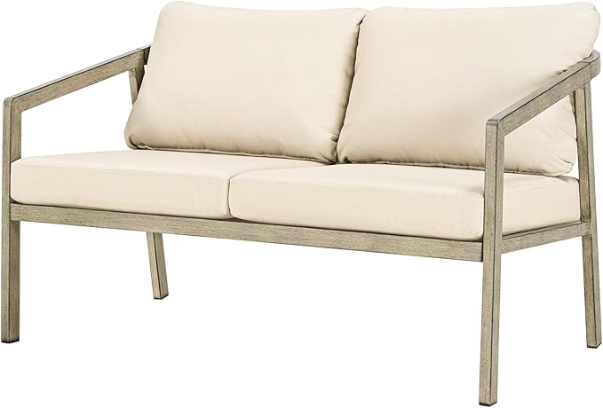 Outdoor Patio Loveseat, Never-Rust Aluminum Outdoor Loveseat Couch with Thick Cushions, Modern 2-Seater Patio Sofa Bench, Outdoor Sofa Loveseat Furniture for Poolside, Garden, Gray Oak | Never-Rust, Wood-Grain Texture, Wraparound Design, Removable Cush...