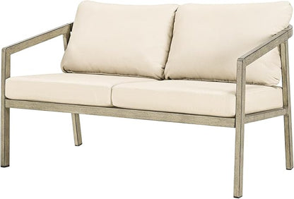 Outdoor Patio Loveseat, Never-Rust Aluminum Outdoor Loveseat Couch with Thick Cushions, Modern 2-Seater Patio Sofa Bench, Outdoor Sofa Loveseat Furniture for Poolside, Garden, Gray Oak | Never-Rust, Wood-Grain Texture, Wraparound Design, Removable Cush...