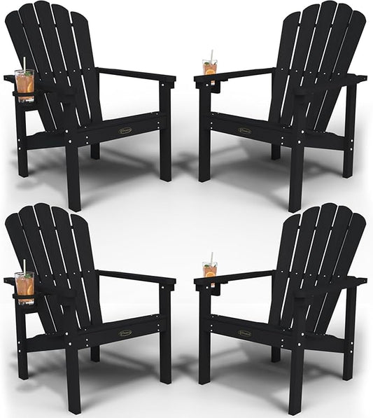 Stackable Adirondack Chair Set of 4, HDPE All-Weather Adirondack Chairs - Durable and Space Saving, Plastic Outdoor Fire Pit Chairs with Cup Holder,Black