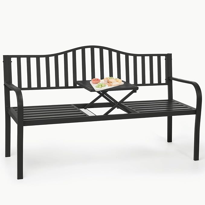 CHRUN Heavy-Duty 59" Outdoor Bench with Table All-Weather 500lbs Capacity Patio Bench, Rust-Proof Metal Garden Bench for Backyard, Park, Porch 10-Min Assembly