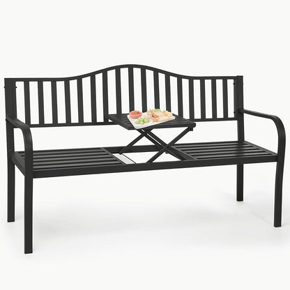 CHRUN Heavy-Duty 59" Outdoor Bench with Table All-Weather 500lbs Capacity Patio Bench, Rust-Proof Metal Garden Bench for Backyard, Park, Porch 10-Min Assembly