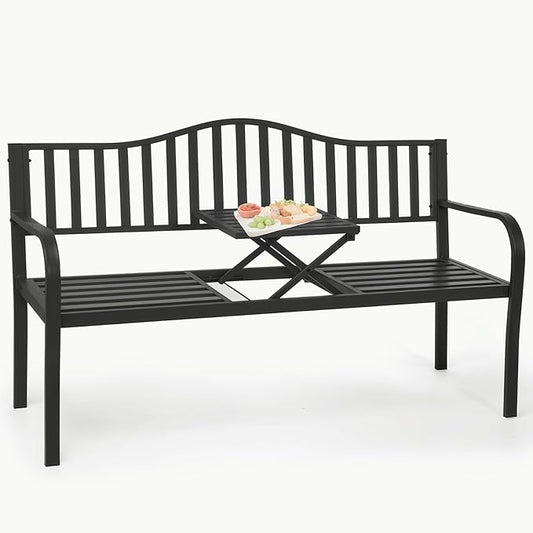 CHRUN Heavy-Duty 59" Outdoor Bench with Table All-Weather 500lbs Capacity Patio Bench, Rust-Proof Metal Garden Bench for Backyard, Park, Porch 10-Min Assembly