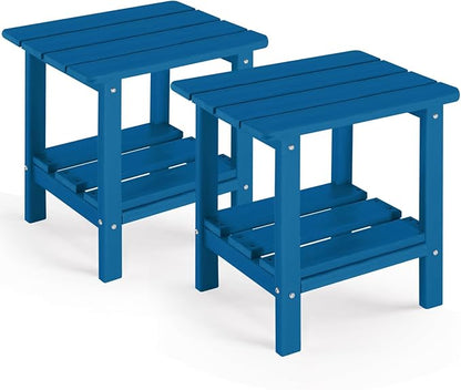 Set 2 Adirondack Outdoor Side Table, 2-Tier Small Patio End Table, Weather Resistant HDPE Outdoor End Tables for Garden, Lawn, Pool, Beach, Porch, Deck, Backyard - Square, Dark Blue