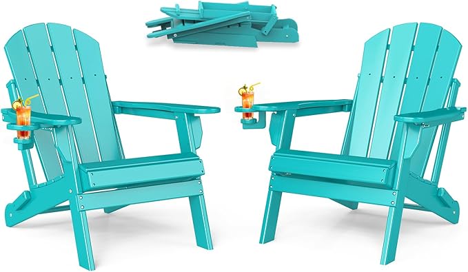 BRIOPAWS Folding-Adirondack-Chairs Set of 2 | HDPE | Fire Pit Chair | Cup Holder | Weather Resistance | Aqua | for Outdoor Backyard Deck Patio
