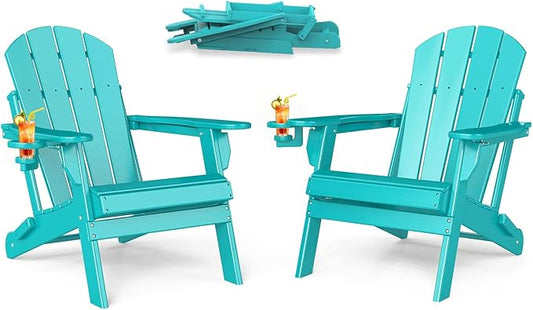 BRIOPAWS Folding-Adirondack-Chairs Set of 2 | HDPE | Fire Pit Chair | Cup Holder | Weather Resistance | Aqua | for Outdoor Backyard Deck Patio