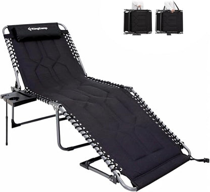 KingCamp Oversize Lounge Chair Outdoor, Extra Large Padded Folding 5 Positions Chaise Tanning Chairs with Pillow & Side Table for Outside Sunbathing Beach Patio Pool Camping (Black)
