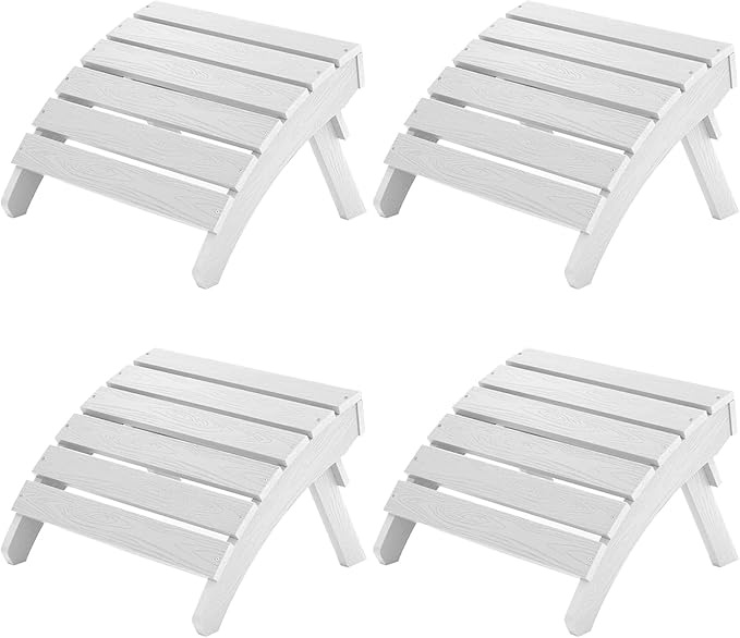 MXIMU Folding Adirondack Ottoman Set of 4: HIPS Plastic Outdoor Footrest Easy Assembly - All Weather Foot Stool Foot Rest for Adirondack Chair Use in Patio Garden Backyard Pool (White)
