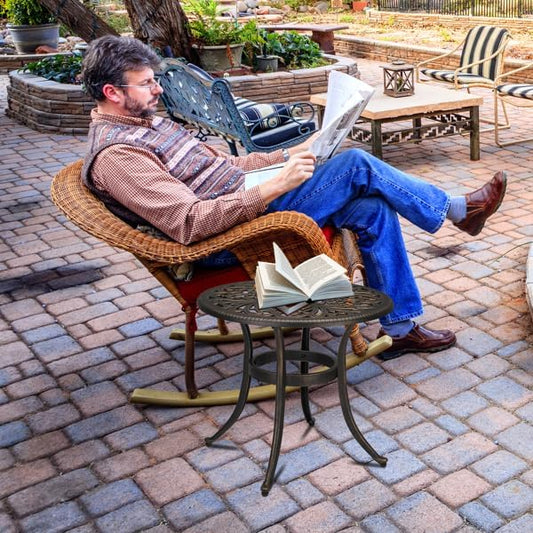 Patio Cast Aluminum Side Table with Umbrella Hole, Outdoor End Table Small Round Coffee Table for Backyard, Garden, Porch, Balcony, Pool Side, Indoor, Weather Resistant, Bronze