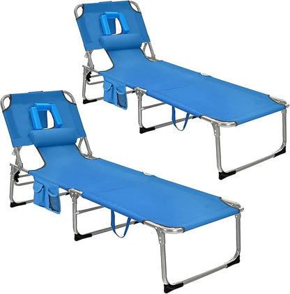 GYMAX Tanning Chair, Folding Beach Lounger with Face Arm Hole, Adjustable Backrest, Side Pocket, Pillow & Carry Handle, Outside Sunbathing Lounge Chair for Patio, Poolside, Lawn (2, Navy)