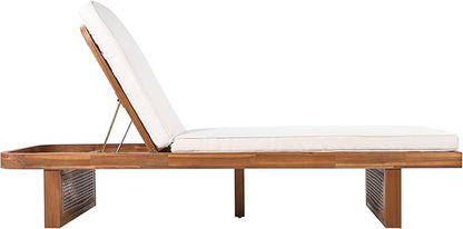 Merax Acacia Wood Chaise Lounge Chair Outdoor Set of 2, Patio Recliner with Adjustable Backrest and PE Rattan Design, White Cushion