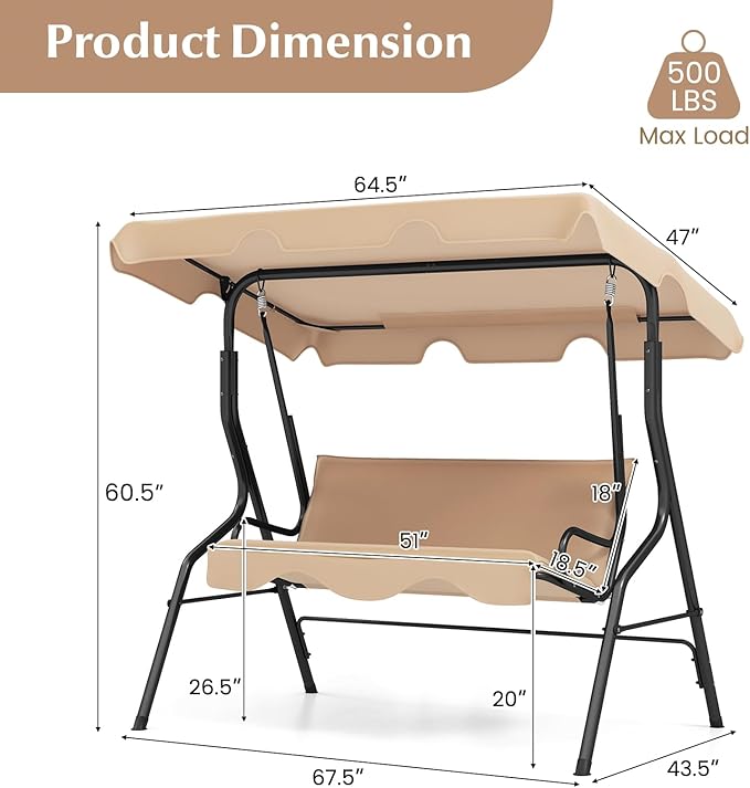 RELAX4LIFE 3-Person Porch Swing Chair - Outdoor Swing w/Adjustable Canopy, Removable Cushion & Metal Frame Stand - Photo 8
