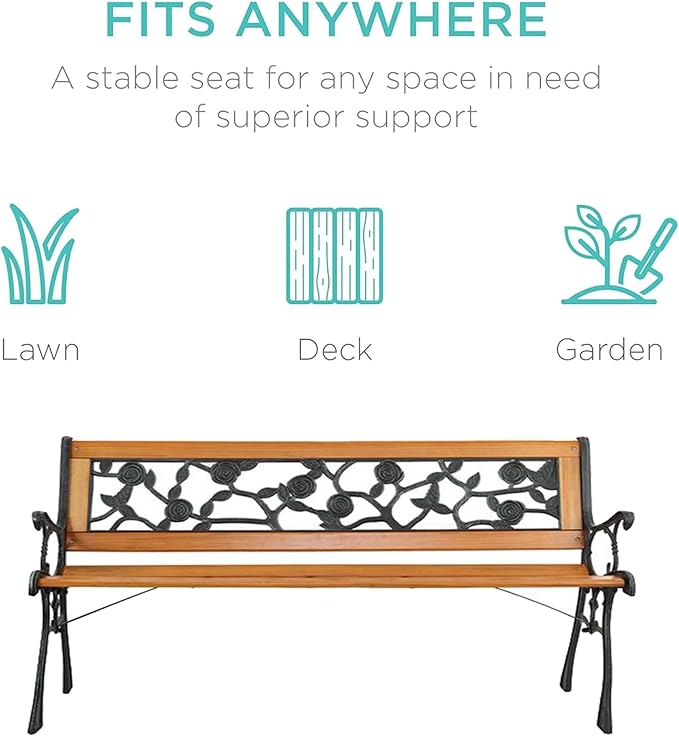 LICOME 49" Garden Bench Outdoor Bench Patio Bench,Cast Iron Metal Frame Patio Park Bench with Floral Pattern Backrest,Arch Legs for Porch,Lawn,Yard(Style3)